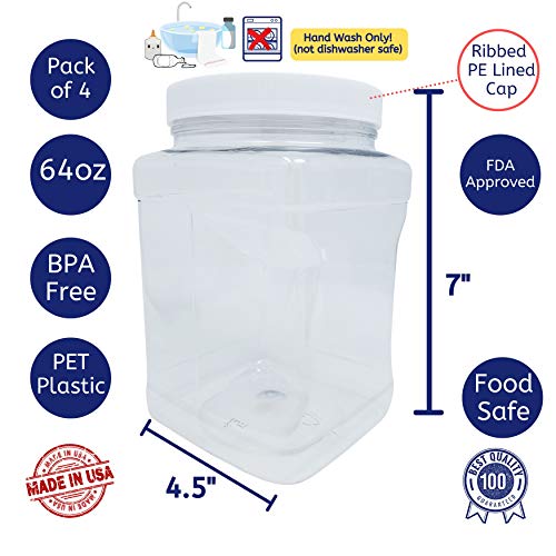 Kelkaa 64oz Clear PET Plastic Square Wide Mouth Jars with Grip Handle and White Ribbed Lined Caps, BPA Free, Multi-Use Empty Containers, Household Dried Food Canisters, Made in the USA (Pack of 4)