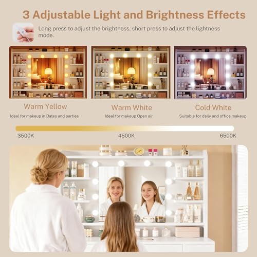 TEENFON Vanity Desk with Large Mirror & 10 Lights, Makeup Vanity with 3-Tier Open Side Storage Shelves, Vanity Table with 3 Color Light Adjustable for Bedroom, White, 40×80×143CM