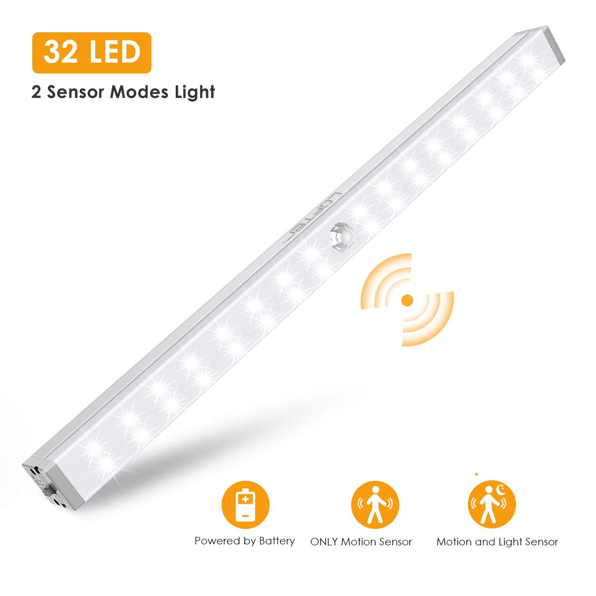 Closet Lights Battery Operated, LOFTer 32-LED Wireless Wardrobe Light with 2 Sensor Modes, Portable Motion Sensor LED Lights for Closet, Under Cabinet, Cupboard, Hallway, Kitchen Stick Night Lighting