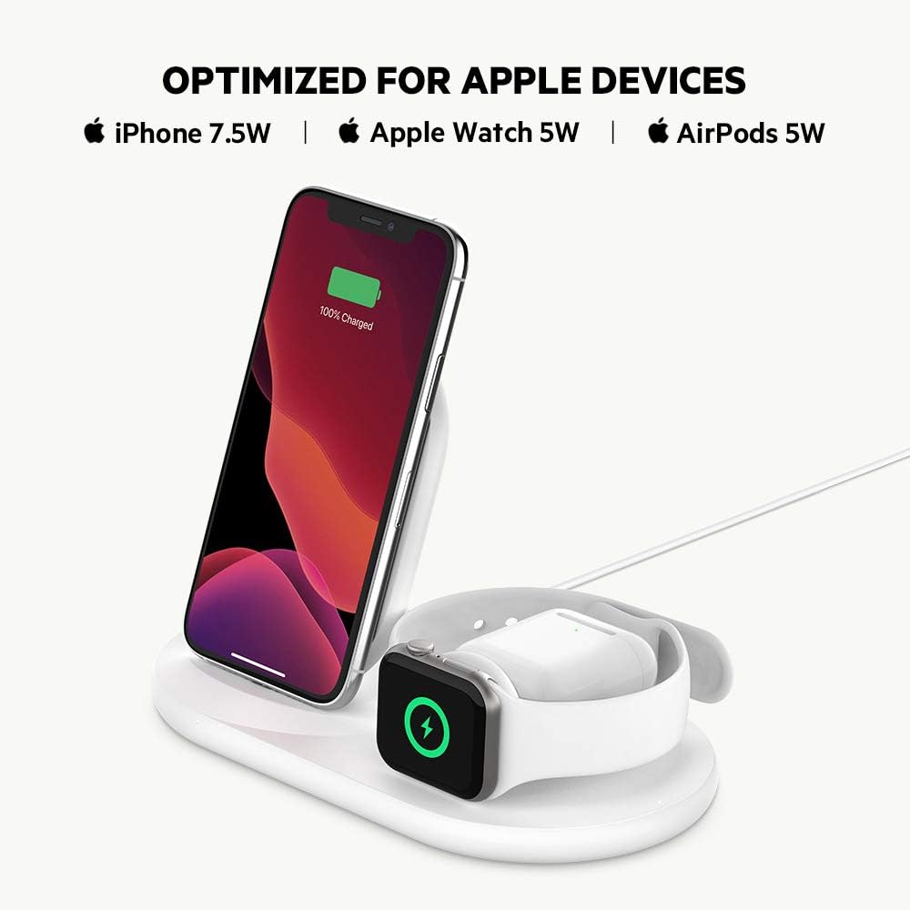 Belkin 3-in-1 Wireless Charger (Wireless Charging Station for iPhone, Apple Watch, AirPods) Wireless Charging Dock, iPhone Charging Dock, Apple Watch Charging Stand, White (WIZ001ttWH)