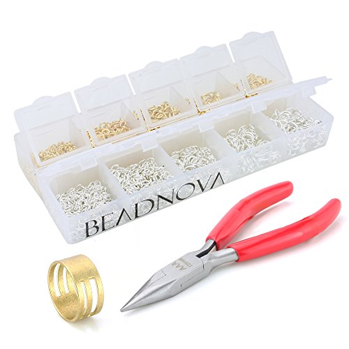 BEADNOVA Silver & Gold Plated Open Jump Rings 3mm 4mm 5mm 6mm 7mm Assortment Value Pack with Long Nose Plier and Jump Ring Tools for Jewelry Making (2600pcs Box Set)