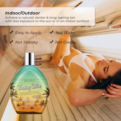 Jeallis Extreme Dark Tanning Lotion Accelerator for Indoor Tanning Beds & Outdoor Sun Tan with Bronzer to Get Dark Fast Tan, Bronzing Tanning Lotion w/Tattoo Protecting Formula, DHA Free, 13.5oz