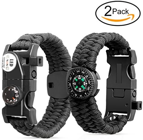 konitee Outdoor Survival Paracord Bracelet With Compass Fire Starter SOS LED Light Emergency Knife Whistle For Hiking Camping Fishing Hunting (Pack of 2) (black)