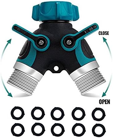 Premium 2Wayz Y Valve Garden Hose Connector, Easy Grip, Smooth Long Handles Garden Hose Splitter with Comfortable Rubberized Grip + 10 Rubber Washers (2-Way)