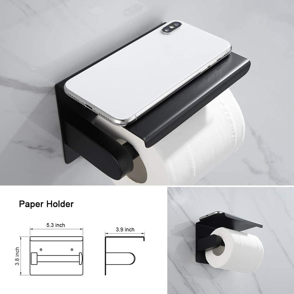 Iriber Bathroom Hardware Round Matte Black Double Bath Towel Bar Rack Shelf Caddy Accessory Set,Stainless Steel Coat Rack with 5 Scroll Hooks,Toilet Paper Holder,Robe Hook Wall Mounted,4-Piece: Home & Kitchen