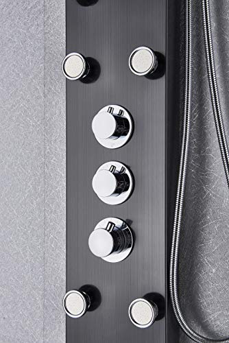 Rozin Thermostatic Rain Waterfall Shower Panel Set Tub Spout + Massage Body Jets + Handheld Spray Ti-Black Finish