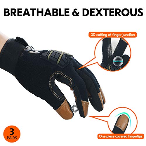 Vgo... 3 Paare Arbeitshandschuhe, Mechanikhandschuhe, Ziegenlederpalmen, Spandexrück, Fahrer- und Arbeitshandschuhe mit… – Bild 6