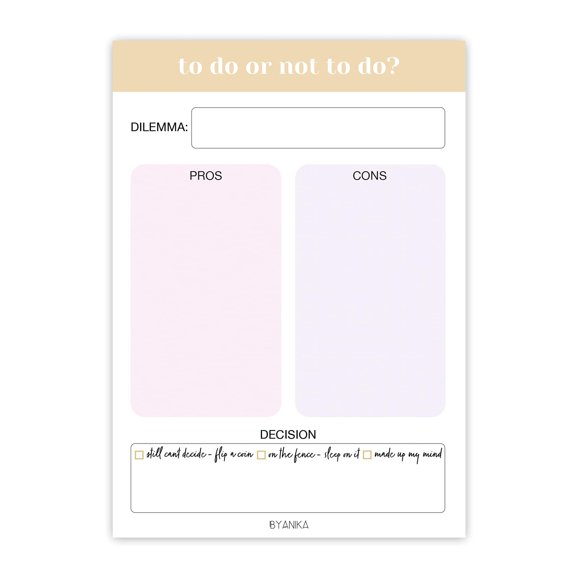 BYANIKA A6 Pros & Cons List Pad | Decision Making Notepad Checklist | Dilemma Decider | Undated Productivity Planner | 50 Tear-Off Sheets | 120gsm Bleed-Resistant Paper | Unique Stationery Gift