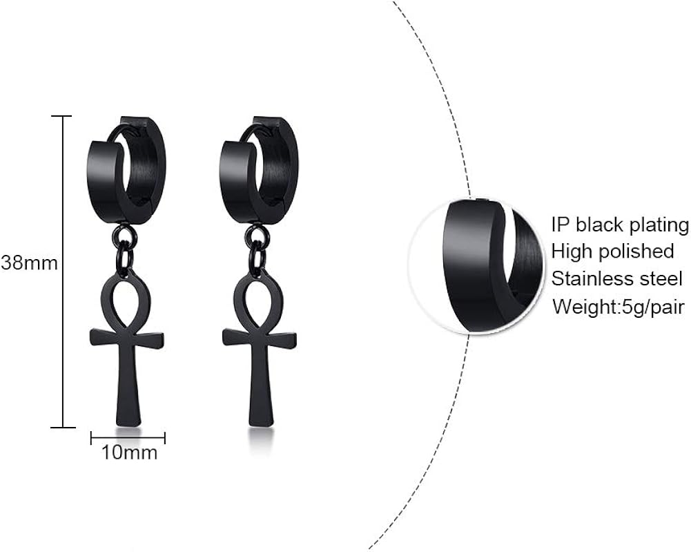 VNOX Stainless Steel Egyptian Key of Life Ankh Cross Dangles Non-Piercing Clip on Drops Hoops Earrings for Men Women - Image 3