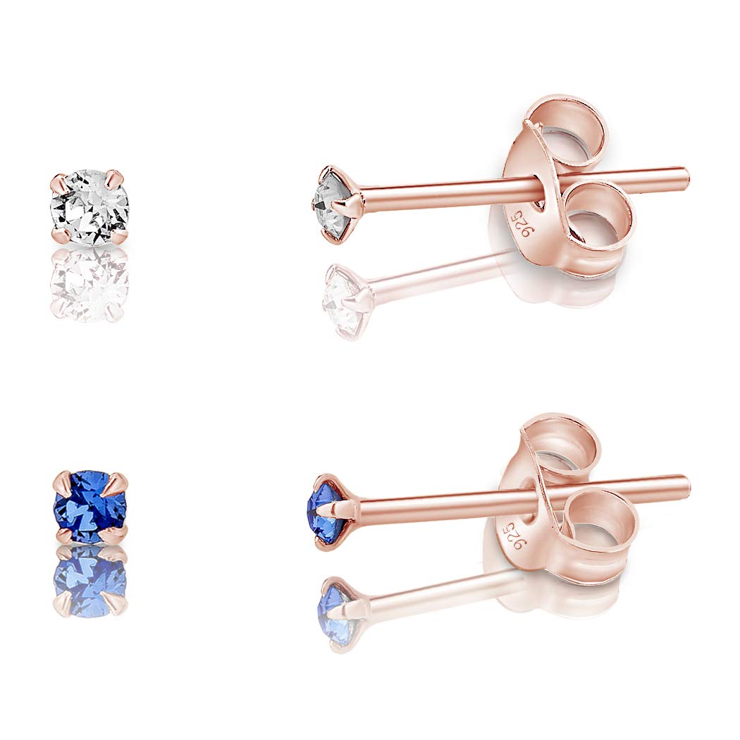 DTPSilver - Set of 2 PAIRS of 925 Sterling Silver Rose Gold plated Round TINY Stud Earrings made with Glittering Crystals from Swarovski® Elements - Diameter: 2 mm - Colour : Blue Sapphire