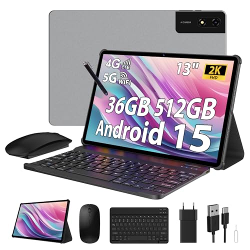 DEEMWOLF Tablet 13 Inch Android 15 Tablet with SIM Slot,4G LTE and 5G WiFi,36GB RAM+512GB ROM/2944 * 1840 FHD/11580mAh /20W/Face ID/GPS/BT 5.0/TÜV/USB-C,Tablets with Keyboard,Mouse