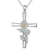 HOOHWE Daisy Cross Necklace for Women 925 Sterling Silver Flower Pendant Necklaces Christian Jewelry Gift for Women