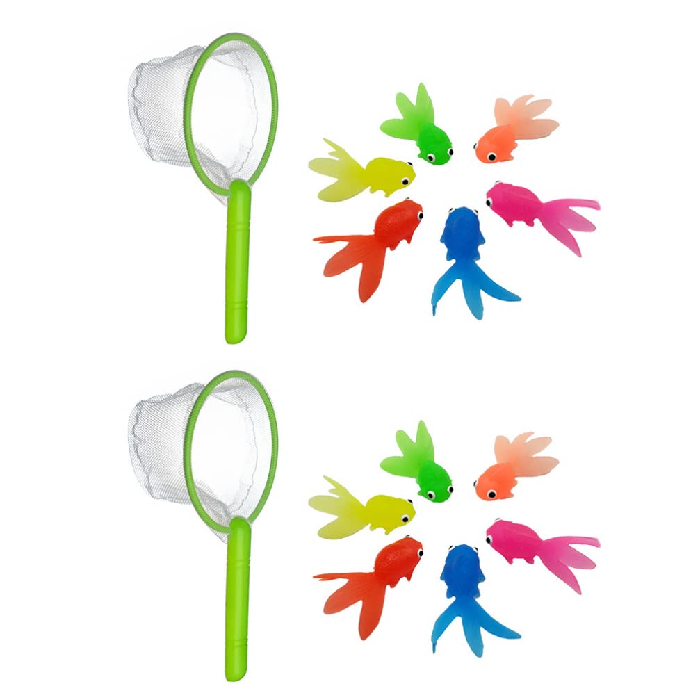 Toyvian Kids Fishing Game Set: 12Pcs Soft Rubber Goldfish Model with 2 Fishing Nets, Floating Fish Bath Toys Set for Kids' Water Summer Swimming Pool Bathtub Shower Games