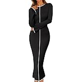 MEROKEETY Women's Fall Long Bell Sleeve Sweater Dress 2025 Elegant Bodycon Color Block Knit Midi Maxi Dresses