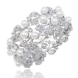 EVER FAITH® Flower Ivory Color Cream Simulated Pearl Bracelet Clear Austrian Crystal
