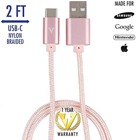 vCharged Pink/Rose Gold 2 FT USB-C Nylon Braided Cable for Galaxy, Pixel, Android & More - High Speed Performance & Durable Cord