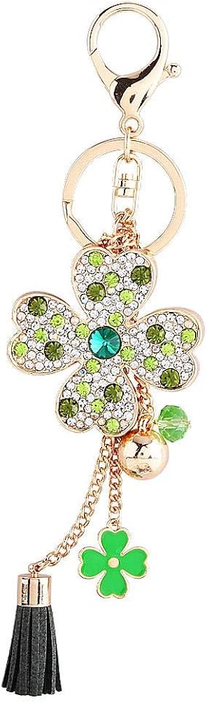 Hztyyier Crystal Four-Leaf Clover Keychain, Car Keys Ring with Tassel, Green Bag Pendant