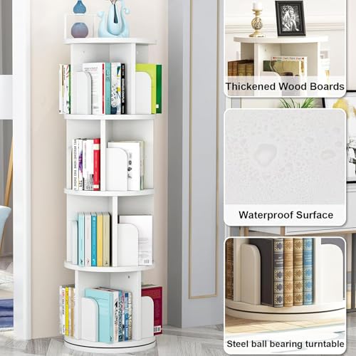 White Rotating Bookshelf, 360 Display Spinning Standing Bookcase Storage Rack, Wood Narrow Corner Book Shelf Organizer for Bedroom, Living Room, 4 Tier 40 * 40 * 126cm