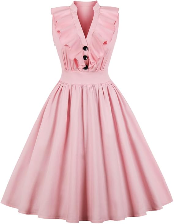 Amazon レディーズ ヴィンテージスタイルワンピース 50年代 丸ネック ノースリーブ 大振り子 スイングドレス パーティー お呼ばれ 結婚式 ワンピース チュニック 通販