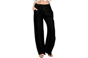Women's Linen Pants Drawstring Flowy Wide Leg Summer Pants for Travel Vacation Comfy Palazzo Trousers with Pockets