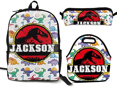 ShowRoom16 Custom Personalized Kids Name Dinosaur T-rex Backpack Insulated Lunch Bag Pen Bag for Boys Girls(Backpack+Lunch Bag+Pen Bag)