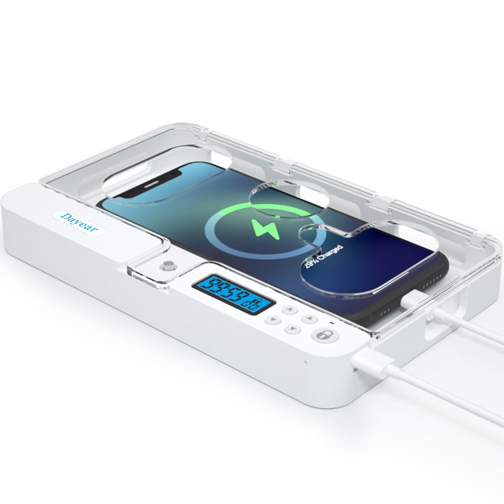 Dayear Phone Lock Box with Timer, Portable Self-Control Timed Locker Box Smart Safe Phone Jail for Phone/iPhone to Help Kids/Students/Audlts Prevent Phone Addiction/Temptation(Crystal)