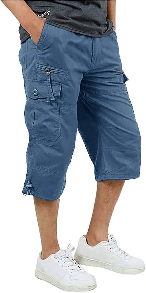 FASKUNOIE Men's 3/4 Cotton Cargo Short Pants Casual Loose Fit Outdoor Capri Long Shorts with Seven Pockets: Clothing