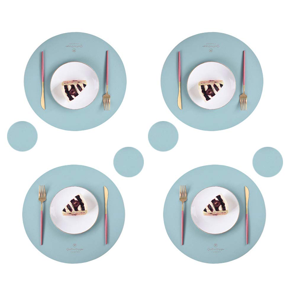Set of 4 Round PU Leather Placemats and Coasters, Faux Leather Waterproof Table Mats, Easy to Wipe Off for Kitchen Dining Round Table(Light Blue)