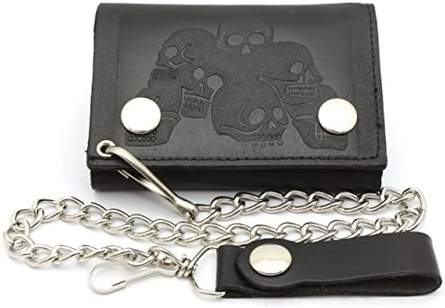 Trifold Black Genuine Leather Biker Chain Wallet Embossed Pile of Skulls