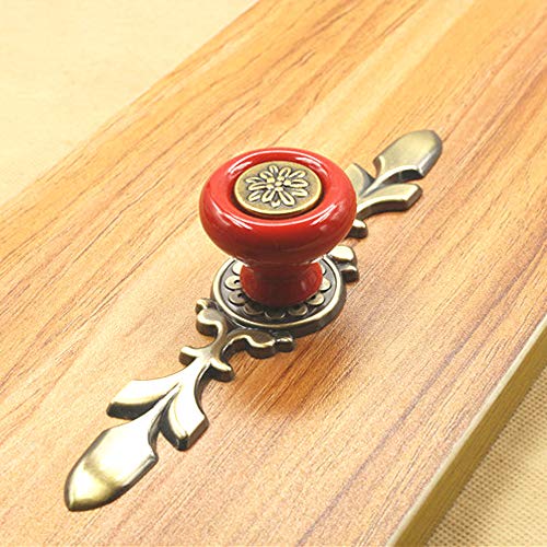 Joyindecor Ceramic Cabinet Knobs with Decorative Backplate, 6.7 Inch Vintage Kitchen Drawer Pull Handles for Dresser Cupboard Wardrobe Closet with 3 Size Mounting Screws, 4 Pack (Red)