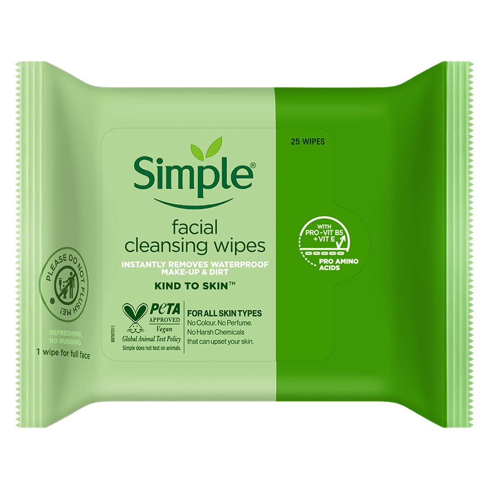 Simple Kind to Skin - Facial Wipes for sensitive skin with Glycerin, Vitamin E,and Vitamin B5 -25 Count (Pack of 6)