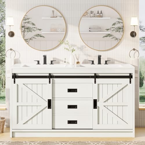 Jocisland Double Farmhouse Bathroom Vanity with Sink, 61in Sliding Barn Door Bathroom Storage Cabinet with Sliding Doors & Drawers, Dual Basin, Large Double Bath Vanity Sink Combo, White