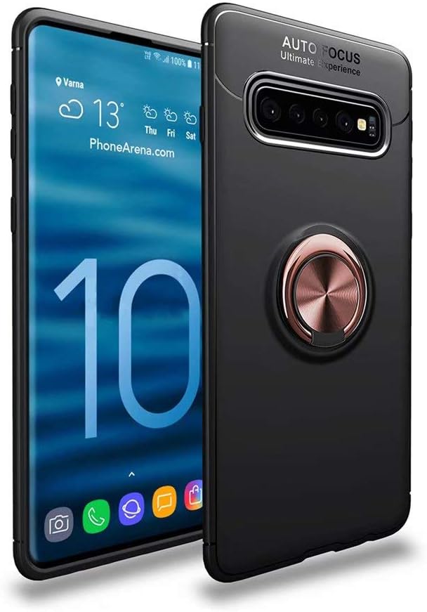 Qsdd Replacement for Samsung Galaxy S10 Plus Case 360 Degree Rotation Ring Holder Anti-Scratch Anti-Fingerprint Slim Soft Shockproof Protective Cover with Magnetic Case (Rose Gold+Black Case)