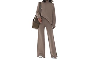 Fixmatti Women Sweater Set 2 Piece Knit Sweatsuit Turtleneck Sweater Top and Wide Leg Pant Lounge Outfits