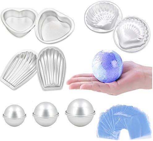 Mocollmax 6 Set Metal Bath Bomb Mold With 6 Hemispheres, 2 Shell Shape, 2 Heart Shape, 2 Scallop Shape For DIY Bath Bombs Handmade Soaps &amp; Cake - Included 100 Shrink Wrap Bags