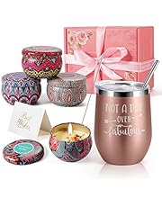 Birthday Gifts for Women - Insulated Wine Tumbler Rose Gold and Candles 4 Pack Gift Bath Set Gifts for Women - Stainless Steel Wine Tumbler with Lid - Best Relaxing Spa Gift Box Basket Present