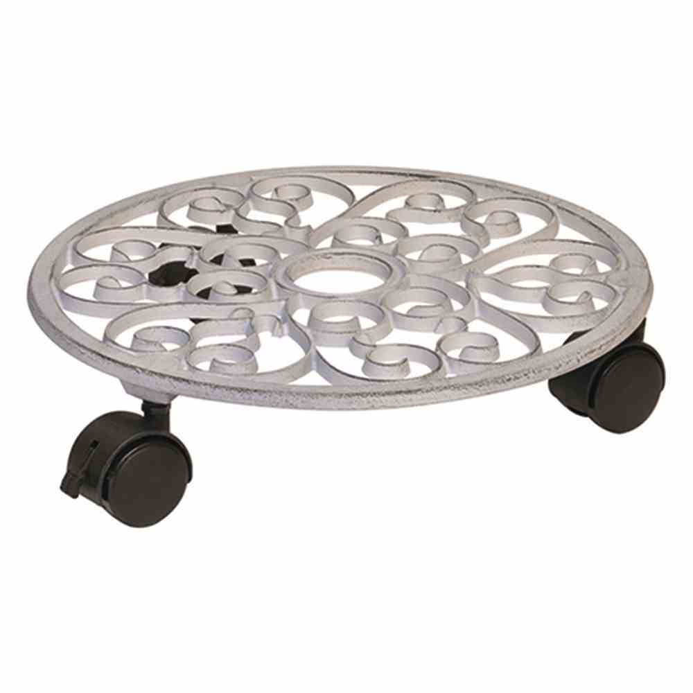 WAGNER Plant trolley ANTIK Ø 29 x 6,5 cm I Plant trolley for indoor + outdoor use I Container trolley made of cast iron, white, with 2 breaks I Load capacity 50 kg - 20092301