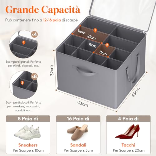Lifewit Foldable Shoe Closet Organizer, Space-Saving Shoe Boxes with Lid for 12-16 Pairs, Shoes Organizer with Bottom Support and Reinforced Handles, Grey