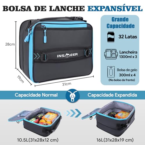 INSMEER Bolsa Termica Marmita Expansível (máx.32 Latas), Lancheira Termica Reutilizáveis para Adultos com Alça de Ombro e Alça, Bolsa Térmica Portatil para Trabalho, Passeio, Viagem