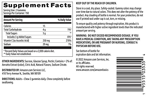 AMAZON BASICS VITAMIN C 250 MG GUMMIES, ORANGE, 300 COUNT (2 PACKS OF 150), 2 PER SERVING (PREVIOUSLY SOLIMO)