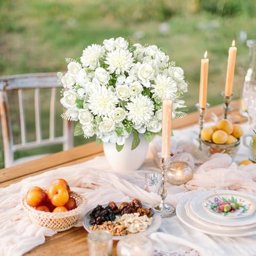 DEMIUKO 2 Bundles Artificial Flowers White Hydrangea Bouquet Spring Flowers Artificial Roses Like Real Fake Silk Flowers Decoration for Wedding Party Kitchen Table Home