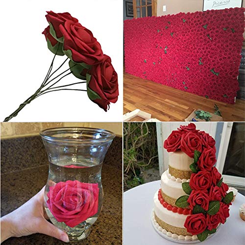 Lmeison Artificial Flower Rose, 50pcs Real Looking Artificial Roses w/Stem for Bridal Wedding Bouquets Centerpieces Baby Shower DIY Party Home Décor, Dark Red with 4 Leaves - Thumbnail 3