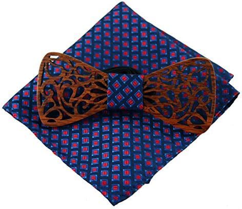 LUHEN Wood Bowtie Polyester Handkerchief Set for Men's Wedding Wooden Bow Tie, Red, Small