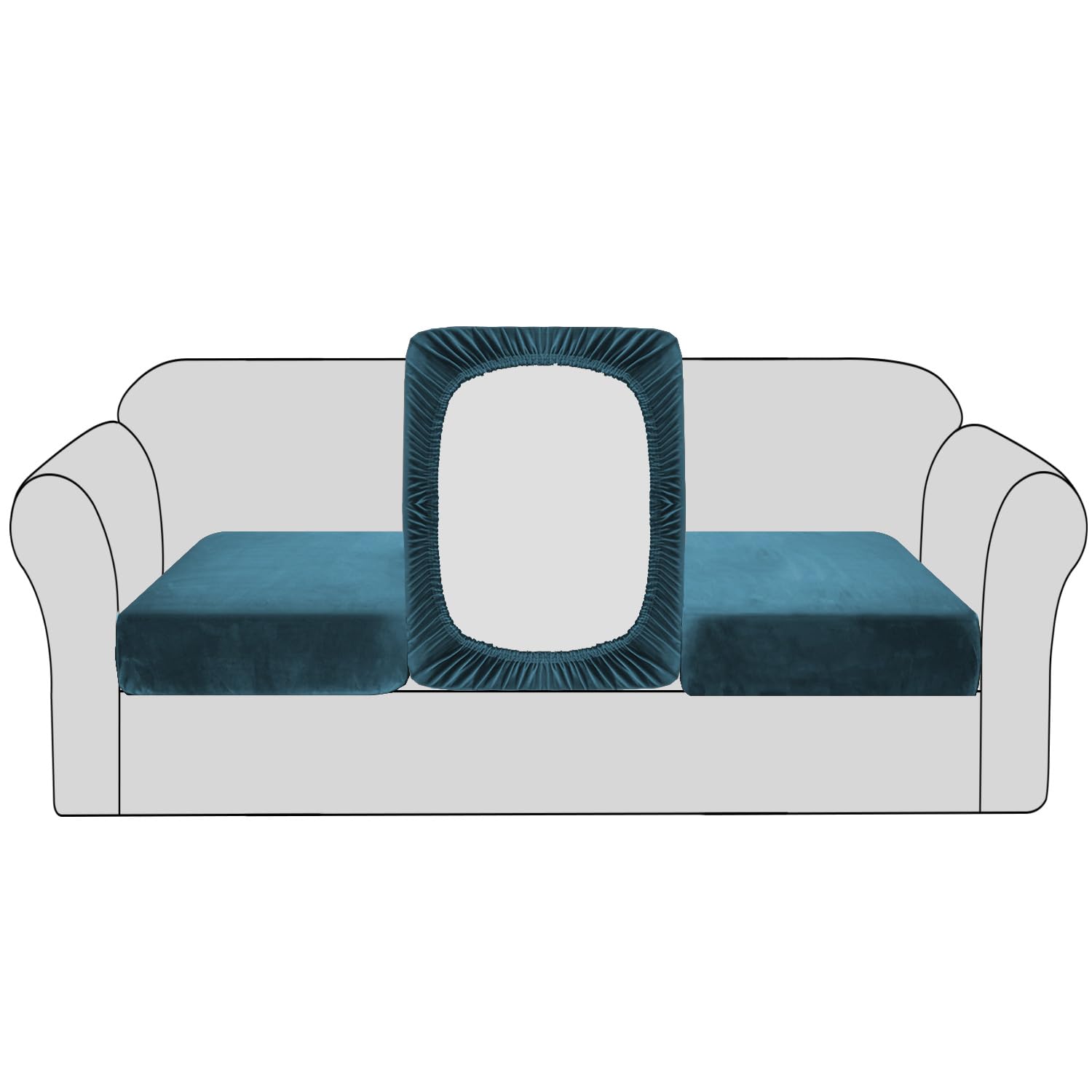 BellaHills Velvet Stretch Sofa Seat Cushion Covers - Modular Cushion Covers Furniture Protector - Elastic Bottom (3 Pieces, Deep Teal)