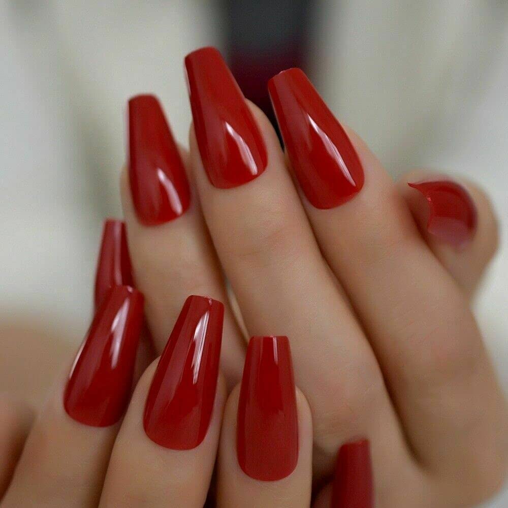A N K 24 pieces Long Coffin Bellarine Tapered full coverage glossy false Nails, Fake Arcylic press on nails hand manicure for women and girls (red)