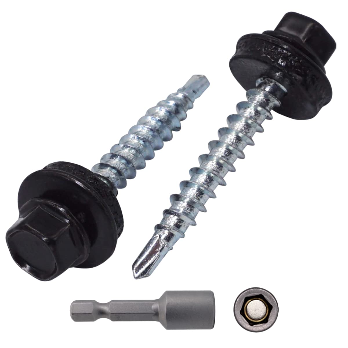 SKIR'CO (20 pcs) Metal Roofing Screws, 4.8 x 35 mm Painted Self-Drilling Screws With EPDM Washers, Hex Head (Jet Black RAL 9005)