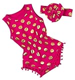 Messy Code Baby Girls Romper Gold Dot Pompom Jumpsuit with Headband