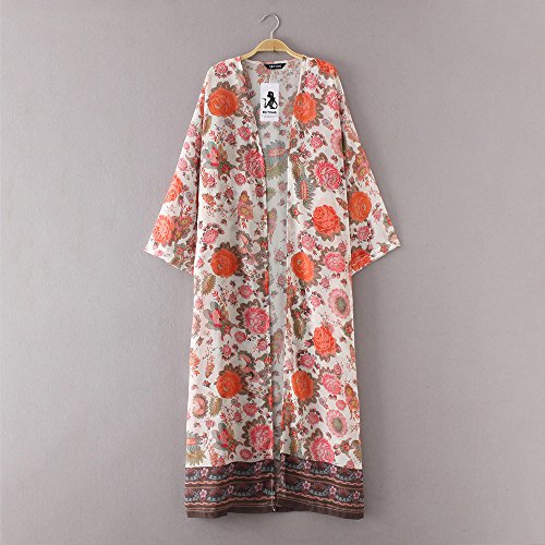 HTDBKDBK Women's Boho Print Floral Loose Shawl Kimono Cardigan Top Cover Up Blouse Wear with Bikini Swimwear White - Thumbnail 4