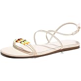 Coutgo Womens Strappy Flat Sandals Open Toe Lace Up Beaded Gladiator Flats Ankle Strap Summer Beach Shoes, Black, Size 10