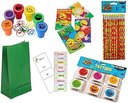 204 Piece Smiley Birthday Party Favor Bundle: 144 Assorted Smiley Tattoos, 12 Stampers, 12 Pencils, 12 Mini-Notepads. 12 Thank You Bookmarks and 12 Loot bags. Serves 12.